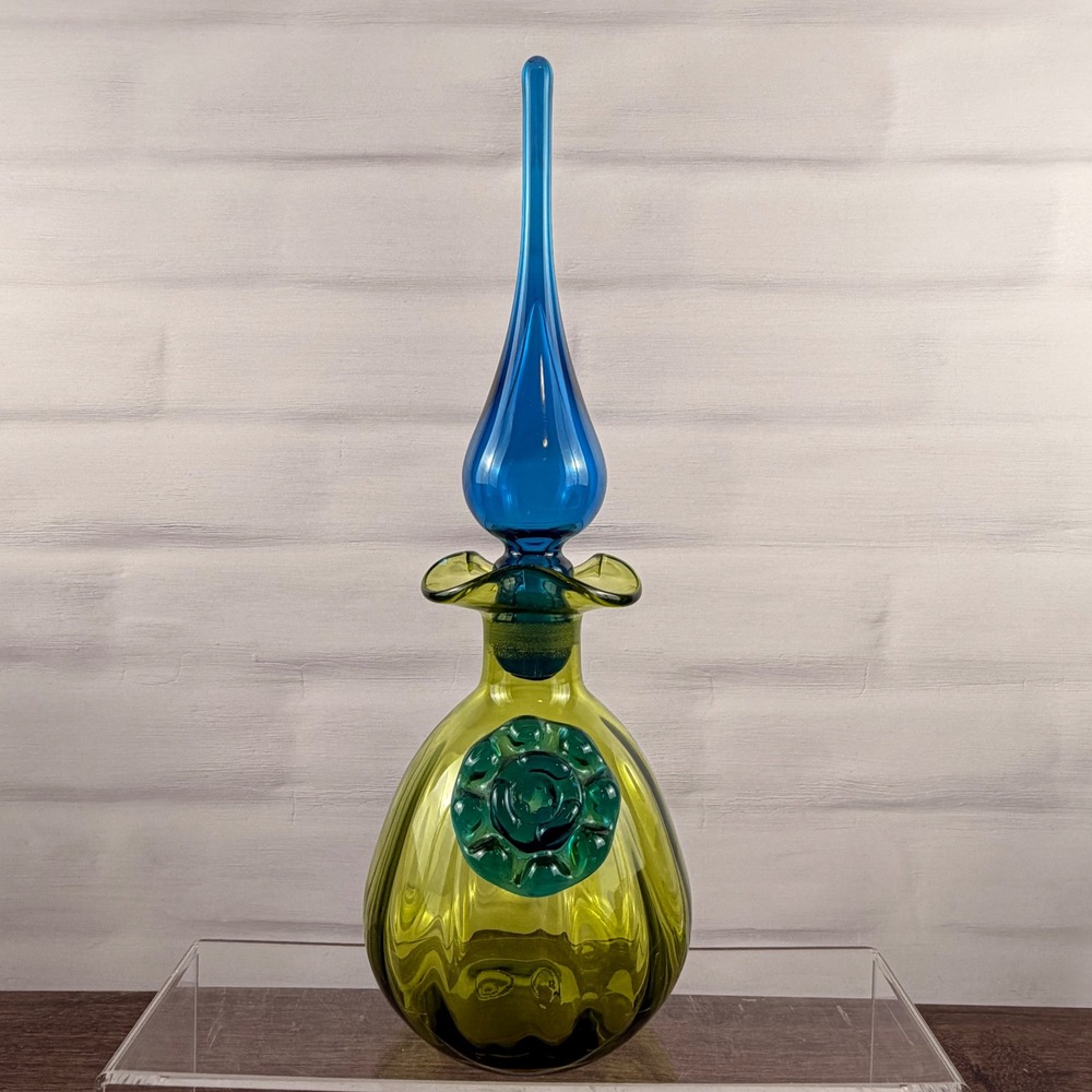 Rainbow Art Glass Mid Century Modern Green Blue Duotone Decanter with Stopper